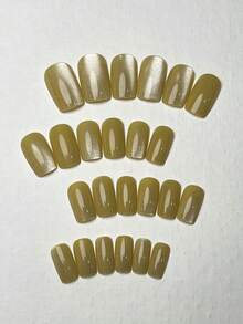 24片短方型穿戴甲，淺黃色貓眼紋理，優雅極簡全覆蓋設計，適合女性與女孩，四季適用，理想用於日常、約會、辦公室、居家、派對及其他場合 - 彩色 - 查看 3