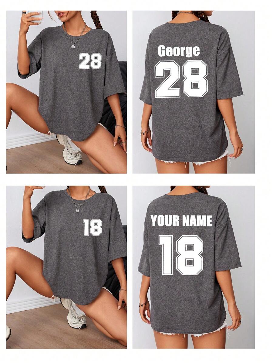Custom Plus Size Women's T-Shirt, Front And Back Can Be Printed With Your Number Logo, Name/Text/Lucky Number. Sports Summer - Dark Grey - View 1