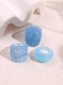 3pcs/Set Autumn Blue Tie Dye Geometric Asymmetrical Wide Resin Rings, Vintage Fashion Ring Set, Gift For Best Friend - Multicolor - View 2
