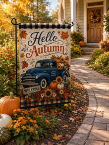 1 pieza Bandera de jardín vintage de camión Hello Autumn, lino rústico vertical azul con camioneta, calabaza, girasol, hoja de arce y borde a cuadros, pancarta de bienvenida para exterior, césped, porche y decoración de granja, adecuada para la cosecha de otoño, Acción de Gracias y entrada de granja - Multicolor 2 - Ver 2