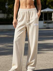 Women's Elastic Waist Corduroy Loose Straight Leg Casual Everyday Wear Sports - Khaki - View 7