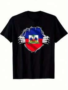 Haiti Badge Print Cotton T-Shirt, Casual Style, Crew Neck, Breathable, Comfortable, Everyday Outfit - 黑色 - 查看 1