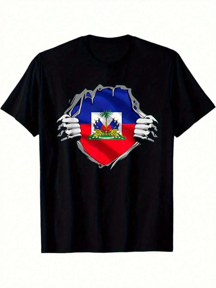Haiti Badge Print Cotton T-Shirt, Casual Style, Crew Neck, Breathable, Comfortable, Everyday Outfit - 黑色 - 查看 1