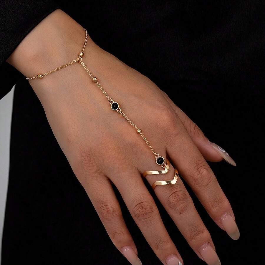 Women's Finger Chain Bracelet Creative Chain Round Bead Personalized Hand Jewelry Design Minimalist Ring Fashion Accessory - Gold - View 1