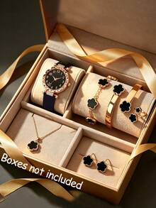 One Black Quartz Watch With PU Leather Strap For Teenagers Paired With Six Flower-Themed Accessory Sets, Suitable For Daily Wear And Holiday Parties. - Black - View 10