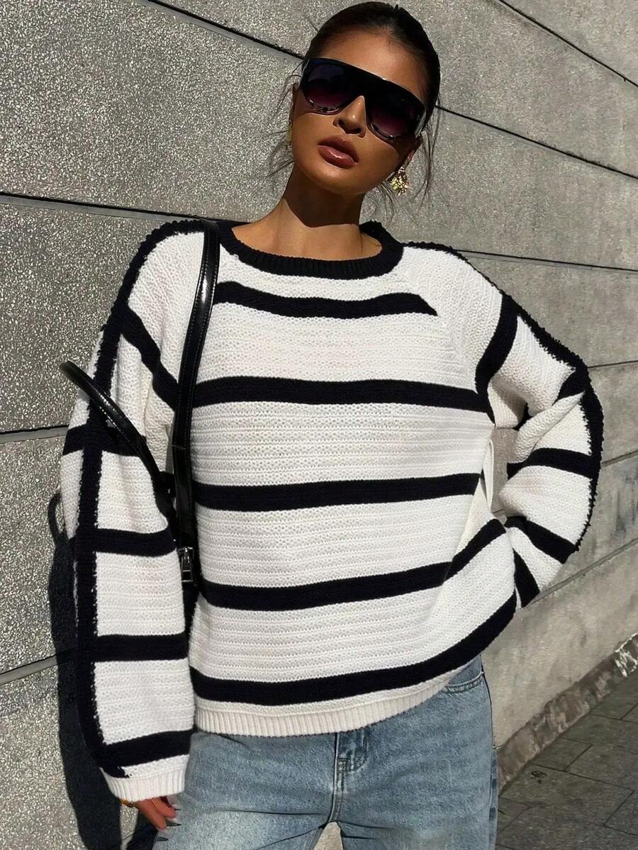 Women's Casual Striped Knit Crew Neck Long Sleeve Sweater, Versatile Fashion Knitwear For Spring & Autumn