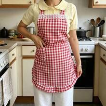 1pc Women's Red And White Plaid Apron With Lace Trim And Ruffle Hem, Pocket Bib Design, Suitable For BBQ, Cafe And Other Occasions, Also A Gift For Mom, Suitable For Valentine's Day, Mother's Day And Other Holidays. The Apron Is Made Of Polyester Fiber Material, Suitable For Home And Restaurant Use - Red and White - View 2
