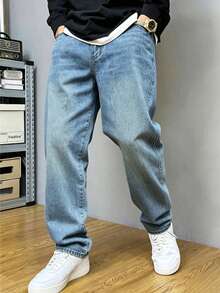 Men's Washed Embroidered Denim Pants Are Comfortable And Versatile For Daily Wear, Suitable For All Seasons, Back To School, Party Gatherings - Medium Wash - View 5