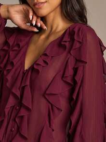 Blusa romántica de gasa con volantes en color vino tinto, camisa transparente con cuello en V y abotonadura, con puños con volantes en capas, informal y formal, ligera - Burdeos - Ver 9