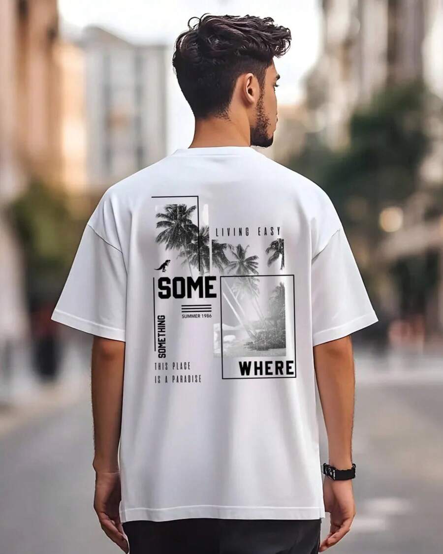 Unisex Palm Tree Back Print Tee: Tropical Summer Streetwear Shirt - White - View 1