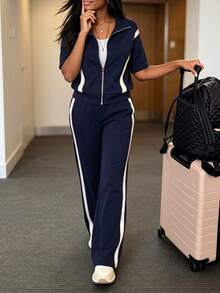 Casual Women's Fashion Commuter Suit, Comfortable Loose Patchwork Contrast Color Short Sleeve Jacket + Striped Contrast Color Straight Leg Pants 2-Piece Set, Suitable For Office, Home, Daily Wear, Airport, Spring/Summer Elegant - Navy Blue - View 2