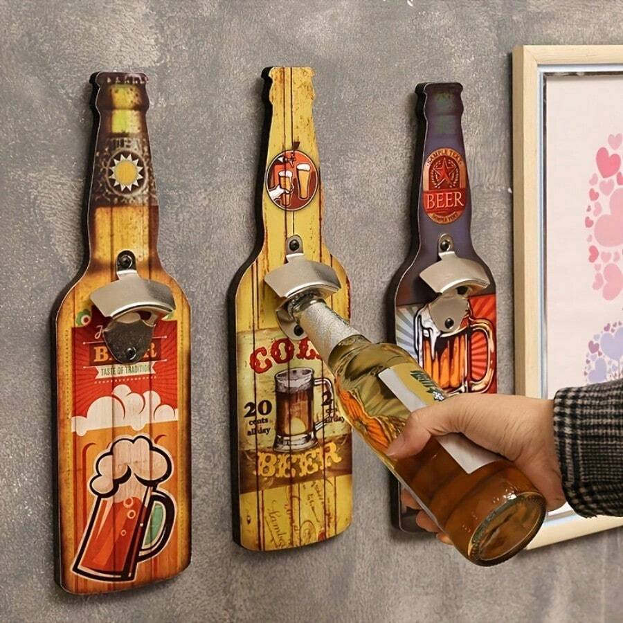 Wooden Wall-Mounted Bottle Opener - Suitable For Restaurant And Bar Decor, Ideal For Catering Service, Equipment With Bottle Holder (No Modification), 2D Flat - Multicolor - View 1