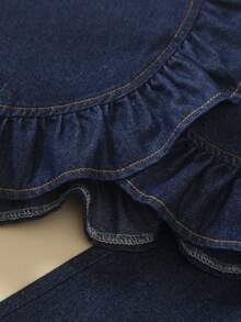 Young Girl Denim Set Fashionable Cute Ruffle Hem Button Front Round Neck Sleeveless Dark Blue Denim Vest Top And Casual Versatile Dark Blue Denim Wide Leg Pants Long Pants Set Back To School - Dark Wash - View 8