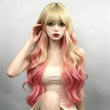 女性長款 Cosplay 假髮－粉金多色動漫角色扮演髮，耐熱易造型，附髮帽，適合日常配戴與漫展 - 彩色 - 查看 2