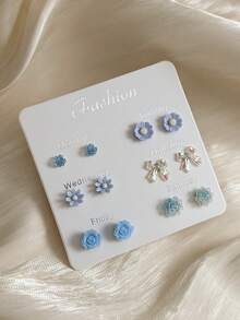6 Pairs Minimalist Fashion Bow & Floral Earring Set, Assorted Designs, Women's Stud Earrings For Daily Wear, Dating, Outings, Gift For Friends - Baby Blue - View 3