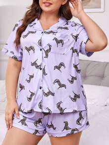 Conjunto de Pijama Plus Size Feminino de Verão com Cardigan de Lapela Estampa de Zebra, Manga Curta e Shorts, 2 Peças, Roupa de Descanso - Roxo - Visão 9
