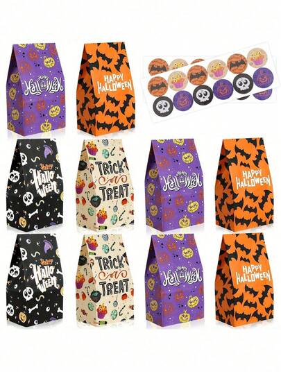 48 st Halloween-godispåsar i papper med förslutningsklistermärken, pumpa- och dödskallemönstrade förpackningspåsar för trick or treat, bulkpåsar för godis, sötsaker, kakor och andra små presenter, passande för Halloweenfest, höstskördefest, jul och andra tillfällen
