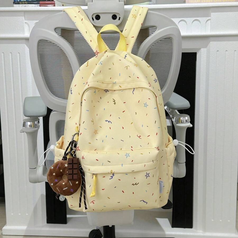 Stylish Backpack Made Of Durable Material For Girls And Young Women, Suitable For Daily School Use. - Yellow With Pendant - View 1