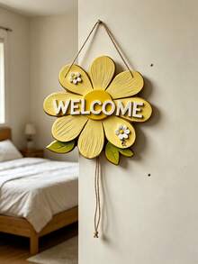 1 pieza Letrero de bienvenida floral de madera con grabado "BIENVENIDO", adecuado para varias ocasiones, fácil de colgar, el diseño asimétrico crea una atmósfera cálida de primavera - Multicolor - Ver 5