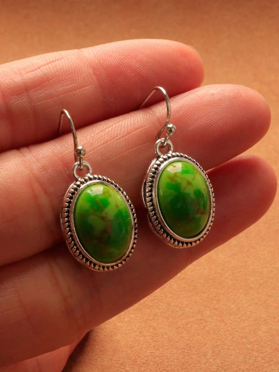 1 Pair Floral Green Oval Earrings - Green - View 1