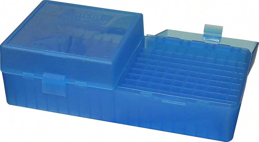 MTM RS200 Ammo Box 200 Round Flip-Top 223 204 Ruger 6x47, Clear Blue - White - View 1