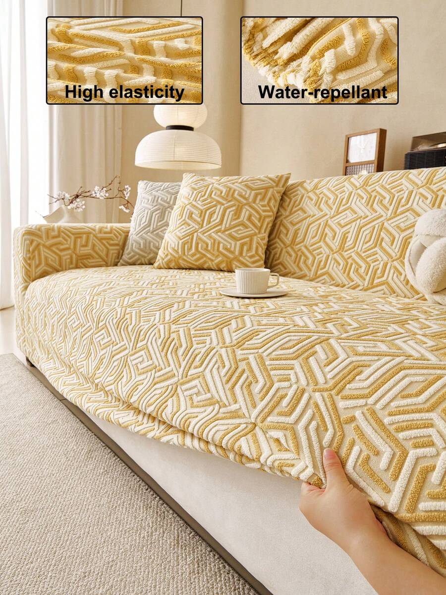 1pc 3D Sofa Cover, Chenille Material Multi-Functional Full Coverage Sofa Protector, Holiday Decor Elastic One-Piece Sofa Cover, Suitable For 1/2/3/4 Seater Sofa - Light Yellow - View 1