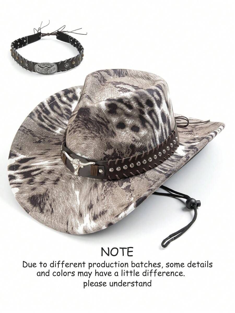 1pc Women's Original Fashionable Leopard Print Rivet Cowhide Belt Vintage Windproof Wide Brim Hat, Unisex European And American Style Western Cowboy Hat, Fashionable Minimalist Versatile Jazz Hat, Suitable For Daily Wear, Party, Western Theme Event, Gathering, Role Play, Graduation Ceremony, Costume Party, Festival, Birthday Celebration, Concert (Hat Chain Can Be Matched Individually) - Top Hat 1 - View 1