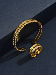 Set de brazalete y anillo estriado de tono dual enchapado con circonia cúbica, estilo retro, adecuado para uso diario - Estilo A Dorado - Ver 5