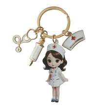 2D Flat Nurse Theme Keychain, Cute Cartoon Nurse Design With Stethoscope And Red Cross Pattern, Durable Alloy Material, Suitable For Backpack, Car Keys, Wallet, Ideal Gift Accessory For Medical Professionals, Christmas Gift - A - View 3