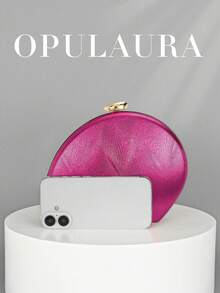 OpulAura 女款極簡貝殼造型奢華 PU 皮革晚宴手拿包，優雅迷人的晚宴包，閃亮派對手拿包，正式派對包，浪漫婚禮附鏈條手拿包 - 玫紅色 - 查看 3