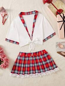 Plus Size Sexy Lingerie Set Women's Role Play Halloween Costume Student Outfit - Red and White - View 3