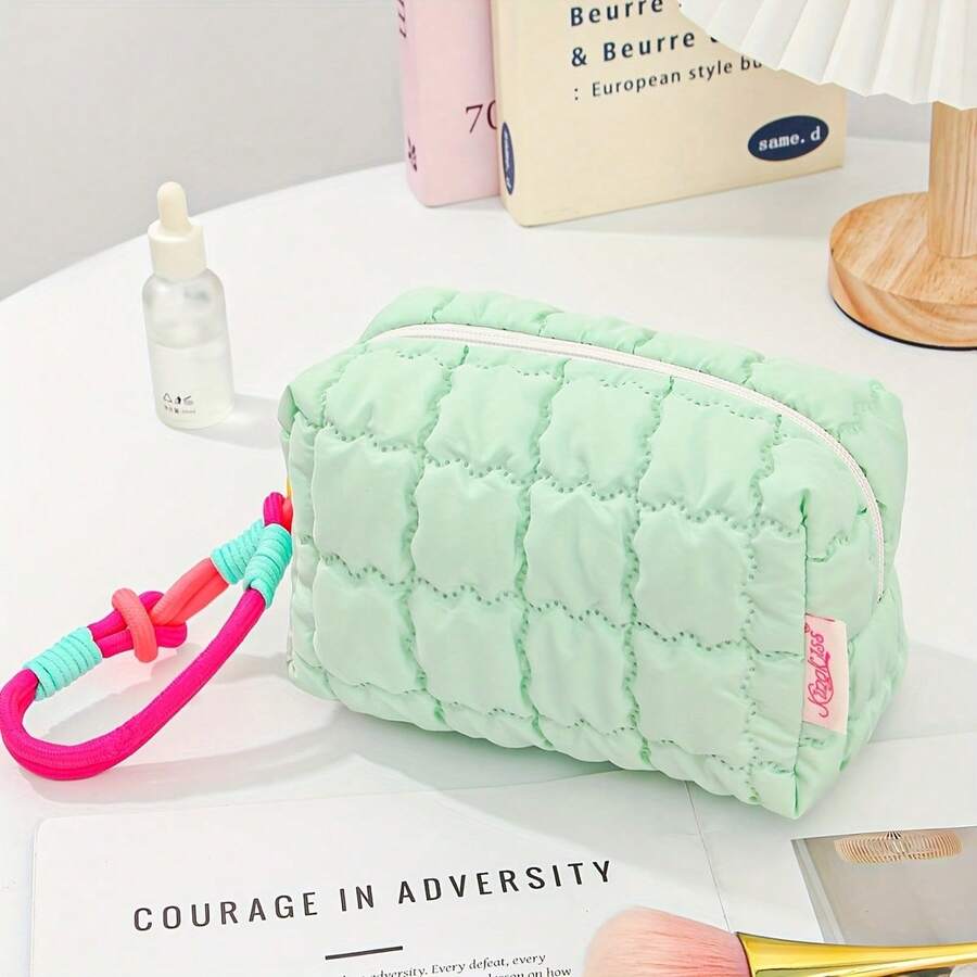 Neceser acolchado a cuadros tonos macaron, con asa tejida.Plegable, amplio espacio, resistente poliéster. - Verde militar - Ver 1