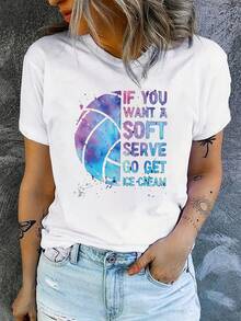 Women's Funny Voyball Slogan T-Shirt - "If You Want A Soft Serve Go Gece " Graphic Tee With Watercolor Voyball Design, Casual Round Neck Short Sve Top For S Fans & Casual Attire, - 白色 - 查看 1