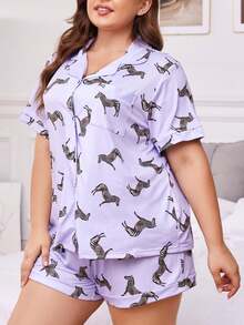 Conjunto de Pijama Plus Size Feminino de Verão com Cardigan de Lapela Estampa de Zebra, Manga Curta e Shorts, 2 Peças, Roupa de Descanso - Roxo - Visão 5