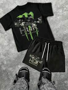 Men's Fishing Style HUK Bass Printed Men's T-Shirt And Shorts Two-Piece Set, Machine Washable And Not Easily Deformed, Fashionable Two-Piece Set. - Black - View 1