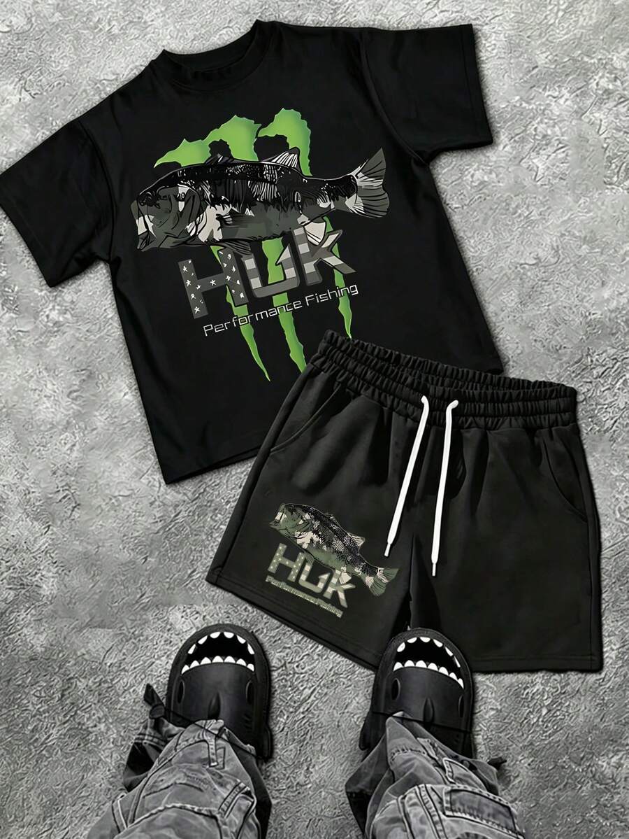 Men's Fishing Style HUK Bass Printed Men's T-Shirt And Shorts Two-Piece Set, Machine Washable And Not Easily Deformed, Fashionable Two-Piece Set. - Black - View 1