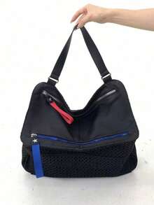 Ladies' Large Capacity Black Shoulder Bag, Sports Style Mesh Splicing Tote Bag, Contrasting Zipper Details - Black - View 8