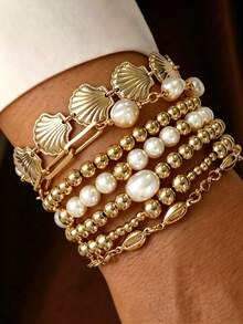 7pcs/Set Elastic Handmade Beaded Bracelet Set, Universal Design, Made Of CCB Round Beads - Yellow Gold - View 14
