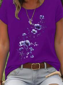 Elegant Watercolor Floral Print T-Shirt + Short Sleeves + Round Neck + Casual Spring And Summer Clothing For Women - 玫紅色 - 查看 8