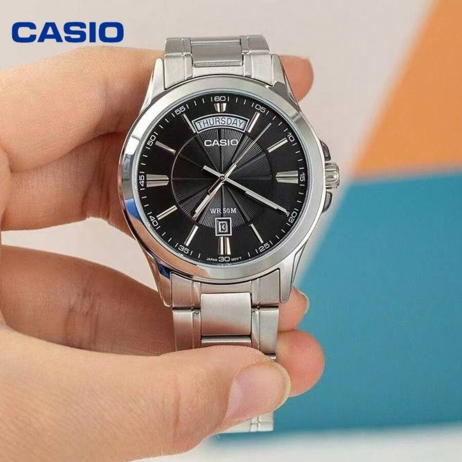 Casio Black Dial 3-Eye Multifunctional Wristwatch, Men's Steel Band Waterproof Quartz Watch, Business Commute Essential - one-size - View 1