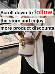 Mini bolso de cubo redondo retro - Diseño de color contrastante, estilo cruzado de moda - Bolso cilíndrico versátil, liderando el - Marrón - Ver 2