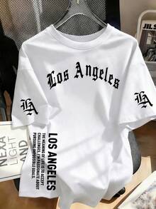1 pieza Camiseta con estampado de letras de Los Ángeles para niños, estilo callejero genial, manga corta cuello redondo, casual versátil, escuela deportiva, moda hip hop, nueva colección de verano - Blanco - Ver 1