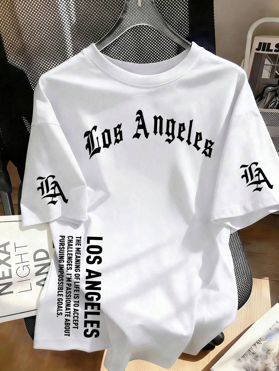 1 pieza Camiseta con estampado de letras de Los Ángeles para niños, estilo callejero genial, manga corta cuello redondo, casual versátil, escuela deportiva, moda hip hop, nueva colección de verano - Blanco - Ver 1