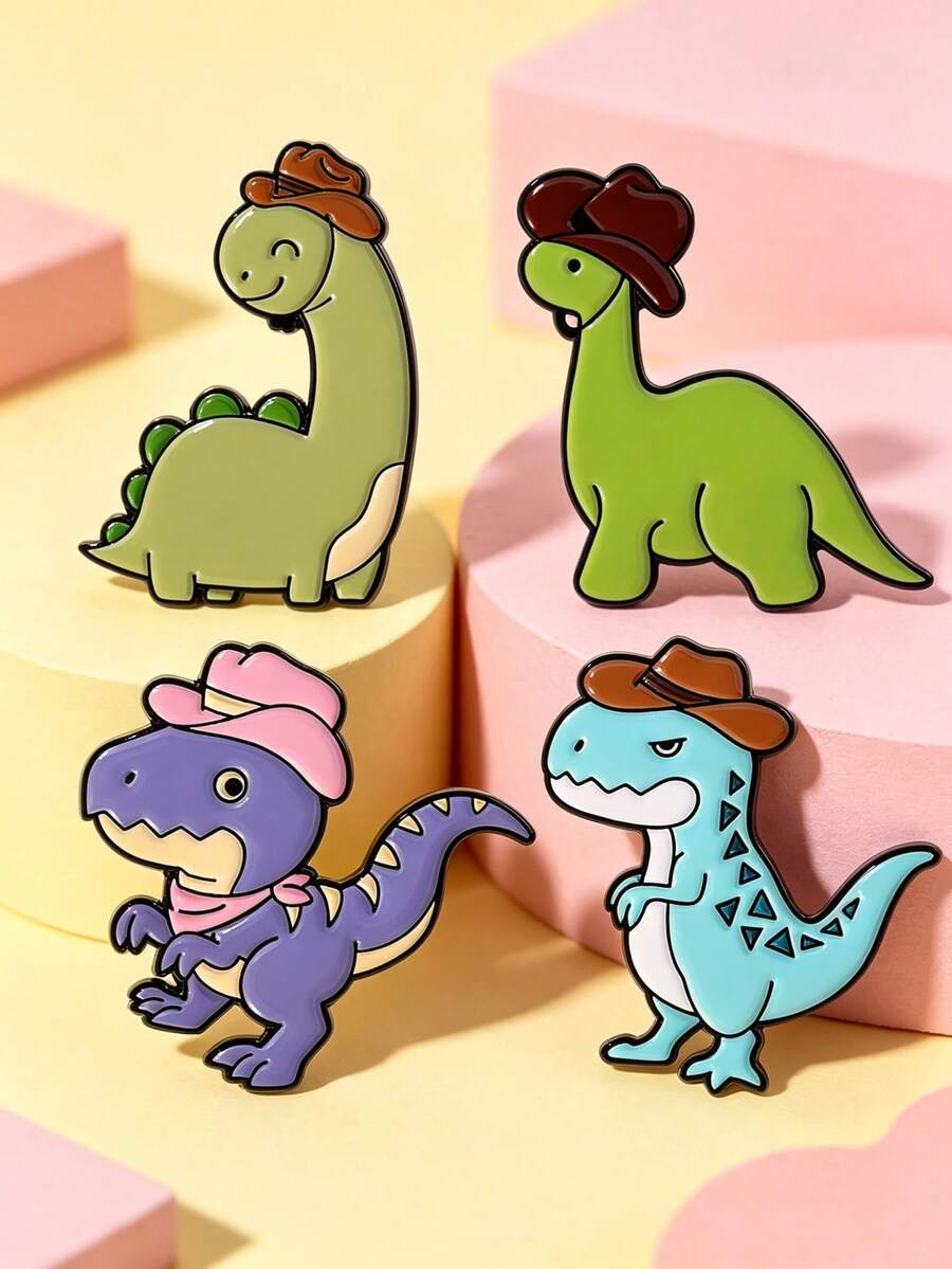 4pcs Cartoon Dinosaur Hat Brooch Set For Women, Can Be Used As Bag Pin And Clothing Accessory, Fashion Jewelry, Daily Wear, Gift For Friends - Multicolor - View 1