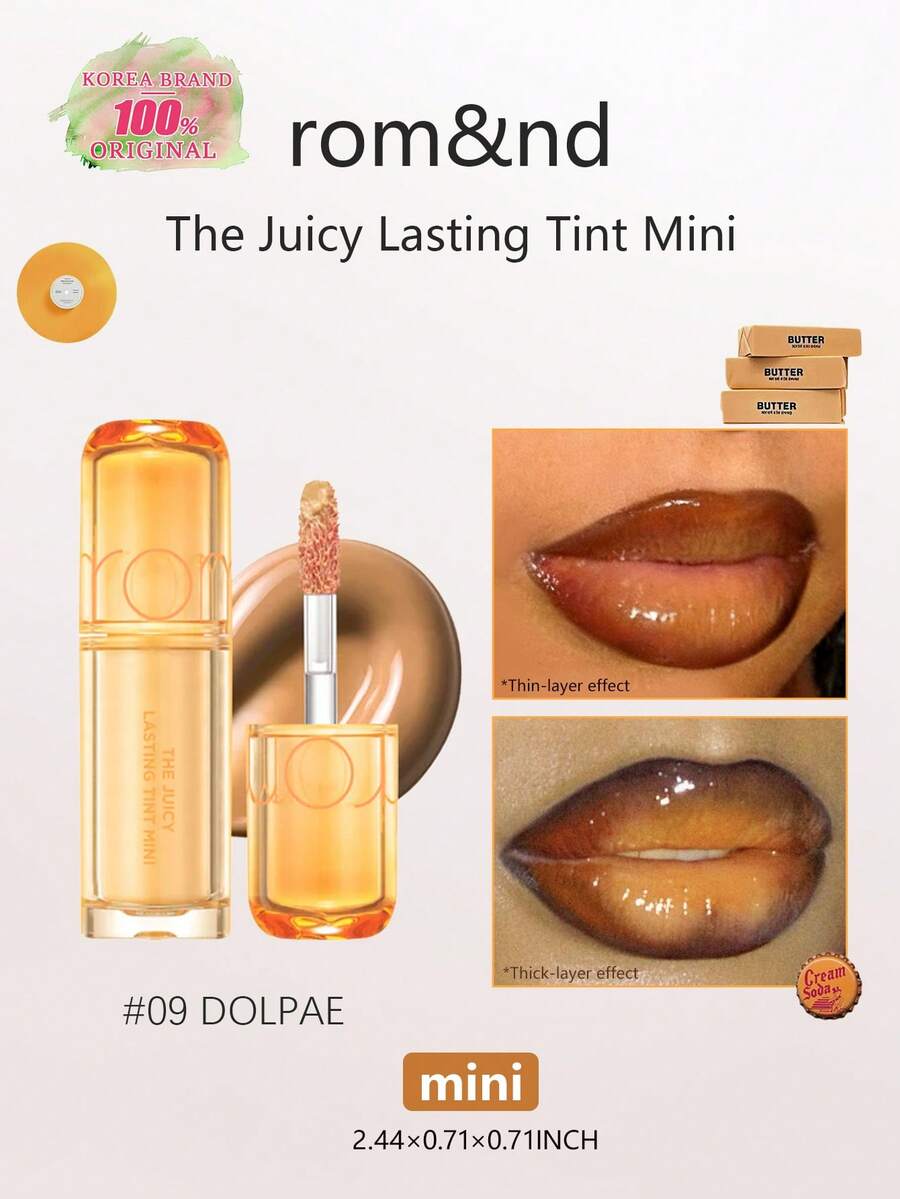 Rom&nd Romand THE JUICY LASTING TINT MINI 09 DOLPAE 1g/0.04 Oz，水光亮澤妝效，高顯色，持久，輕盈，不黏膩，滋潤，平滑唇部，適合初學者，適合日常使用，K-Beauty，韓系彩妝，Olive Young，禮物