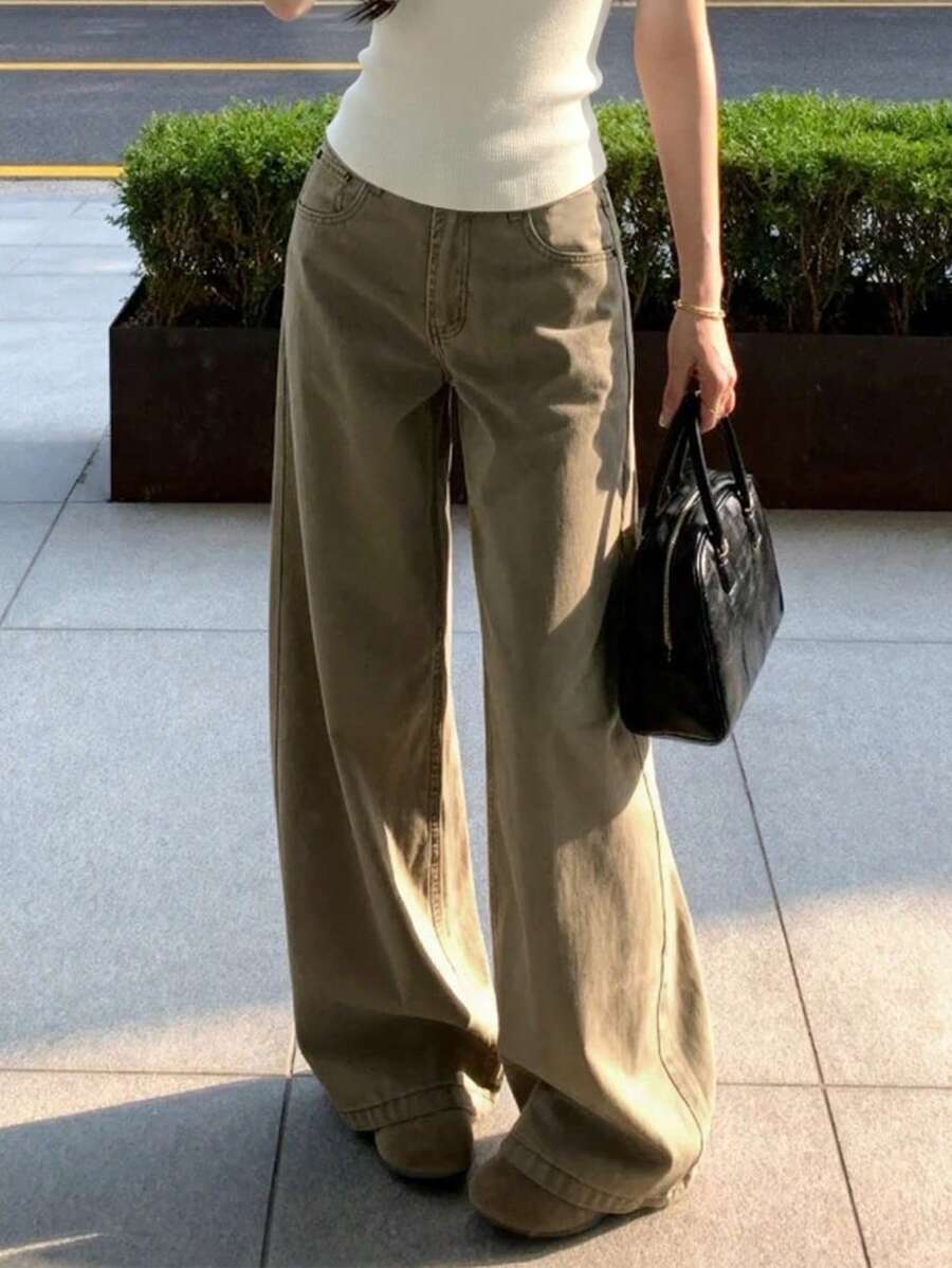 Retro American Khaki Straight Leg Loose Wide-Leg Jeans For Women, New Arrival Maxi Length Pants Casual Fall - Khaki - View 1
