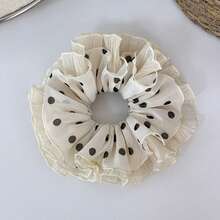 1pc Classic Black & White Polka Dot Double Layer Ruffle Chiffon Scrunchie, Vintage Gentle Elastic Hair Tie For Women, French Minimalist Aesthetic, Versatile Lightweight Fabric Hair Accessory Suitable For Daily Commute, School, Dating, Shopping, Outdoor Picnic And Vacation - Multicolor - View 6