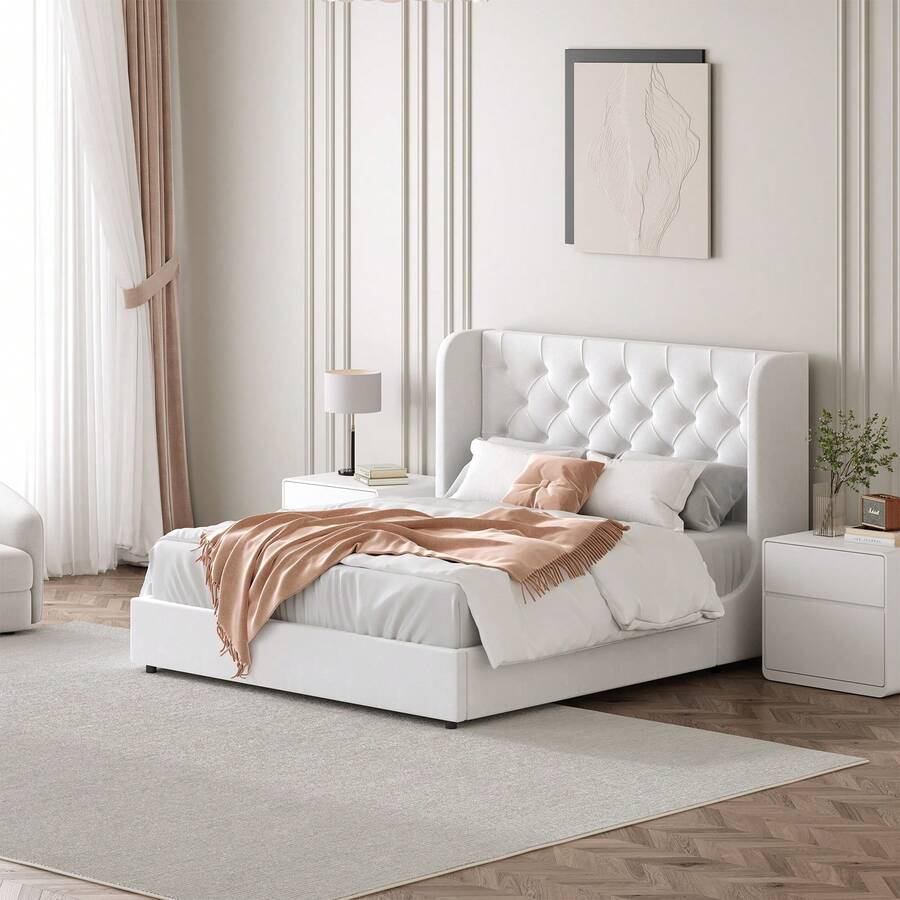 Modern Velvet Upholstered Bed Frame With Curved Wingback Design, Wooden Platform Bed Frame For Bedroom,No Box Spring Needed, Easy Assembly, Full Bed Frame/ Queen Bed Frame/ King Bed Frame/ Full Size Bed Frame/ Queen Size Bed Frame/ King Size Bed Frame,Pink/ White/ Grey - trắng - Xem 1