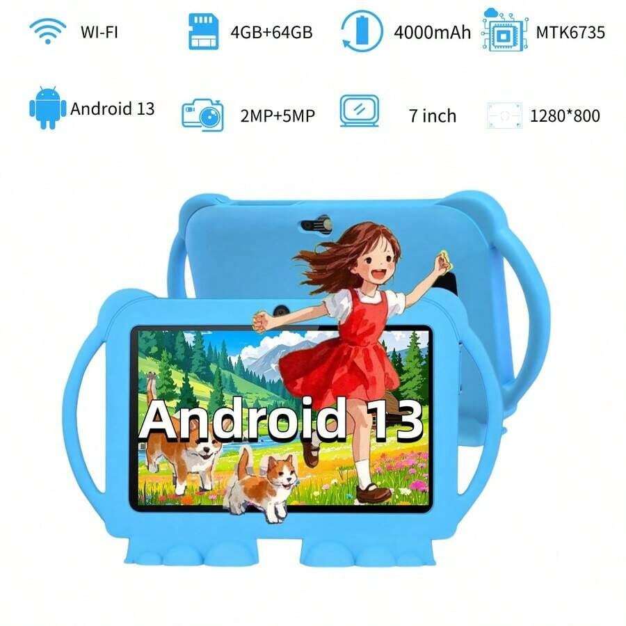 4GB RAM + 64GB ROM / 7 吋平板電腦 / 四核 1.3GHz / Android 13 MTK8321 / 1280x800 HD IPS 螢幕 / 2MP+5MP 相機 / 4000mAh 電池 / WiFi、家長控制、教育、遊戲 / ABS 塑料 + 矽膠，教育平板