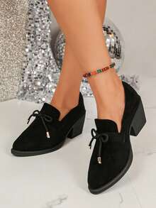 Pointed Toe Mary Jane Suede Women's Shoes Plus Size All Season New Slip-On Versatile Comfortable Thick Heel Low Vamp Shoes - Black - View 3